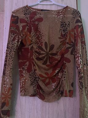 Kenneth Cole Long-Sleeve Floral Ruched Top - Brown/Red/Orange